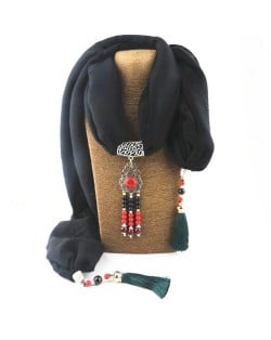 Hollow Flowers with Beads Tassel High Fashion Scarf Necklace - Black