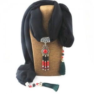 Hollow Flowers with Beads Tassel High Fashion Scarf Necklace - Black