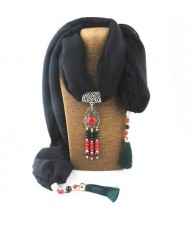 Hollow Flowers with Beads Tassel High Fashion Scarf Necklace - Black