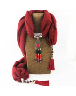 Hollow Flowers with Beads Tassel High Fashion Scarf Necklace - Red