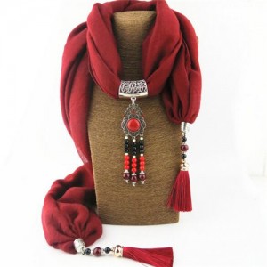 Hollow Flowers with Beads Tassel High Fashion Scarf Necklace - Red