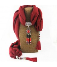 Hollow Flowers with Beads Tassel High Fashion Scarf Necklace - Red