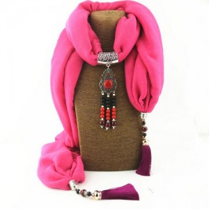 Hollow Flowers with Beads Tassel High Fashion Scarf Necklace - Rose