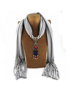 Traditional Ceramic Beads Tassel Pendant Design Fashion Scarf Necklace - Gray