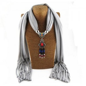 Traditional Ceramic Beads Tassel Pendant Design Fashion Scarf Necklace - Gray
