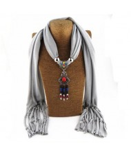 Traditional Ceramic Beads Tassel Pendant Design Fashion Scarf Necklace - Gray