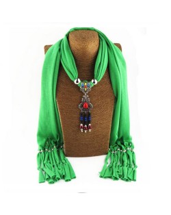 Traditional Ceramic Beads Tassel Pendant Design Fashion Scarf Necklace - Green