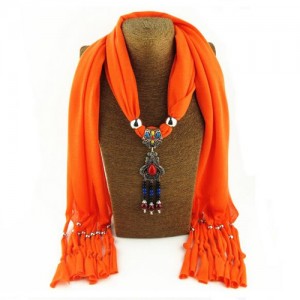 Traditional Ceramic Beads Tassel Pendant Design Fashion Scarf Necklace - Orange