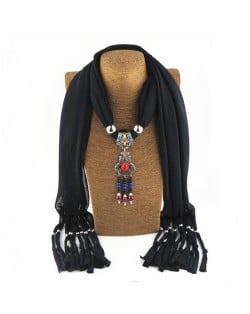 Traditional Ceramic Beads Tassel Pendant Design Fashion Scarf Necklace - Black