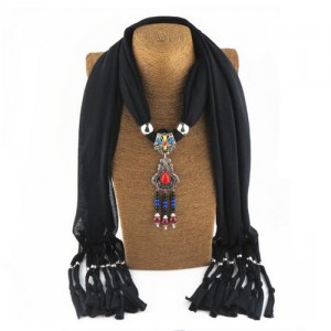 Traditional Ceramic Beads Tassel Pendant Design Fashion Scarf Necklace - Black