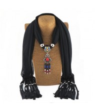 Traditional Ceramic Beads Tassel Pendant Design Fashion Scarf Necklace - Black