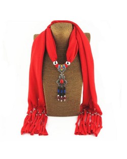 Traditional Ceramic Beads Tassel Pendant Design Fashion Scarf Necklace - Red