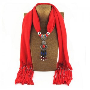 Traditional Ceramic Beads Tassel Pendant Design Fashion Scarf Necklace - Red