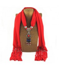 Traditional Ceramic Beads Tassel Pendant Design Fashion Scarf Necklace - Red