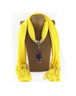 Traditional Ceramic Beads Tassel Pendant Design Fashion Scarf Necklace - Yellow