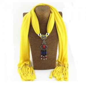 Traditional Ceramic Beads Tassel Pendant Design Fashion Scarf Necklace - Yellow