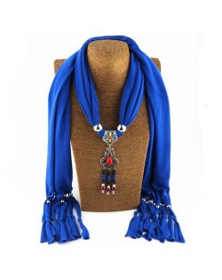 Traditional Ceramic Beads Tassel Pendant Design Fashion Scarf Necklace - Royal Blue