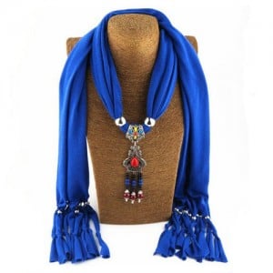 Traditional Ceramic Beads Tassel Pendant Design Fashion Scarf Necklace - Royal Blue