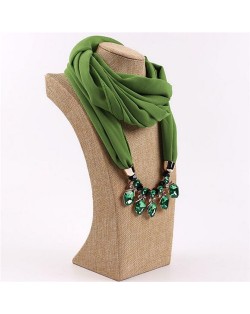 Glistening Resin Gems Pendant Design High Fashion Chiffon Scarf Necklace - Green