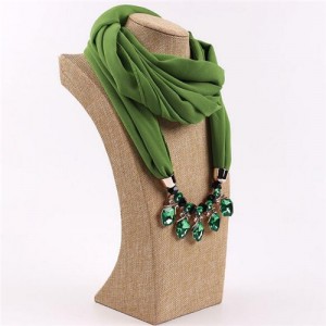 Glistening Resin Gems Pendant Design High Fashion Chiffon Scarf Necklace - Green