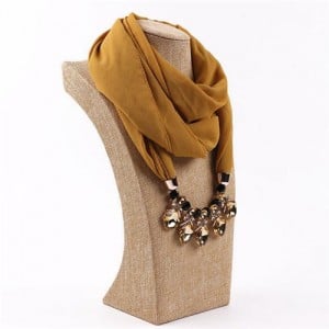 Glistening Resin Gems Pendant Design High Fashion Chiffon Scarf Necklace - Dark Yellow