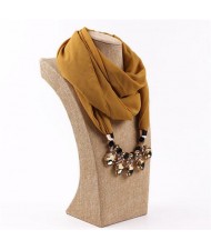 Glistening Resin Gems Pendant Design High Fashion Chiffon Scarf Necklace - Dark Yellow