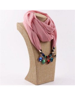 Glistening Resin Gems Pendant Design High Fashion Chiffon Scarf Necklace - Pink