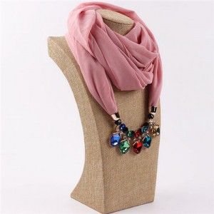 Glistening Resin Gems Pendant Design High Fashion Chiffon Scarf Necklace - Pink