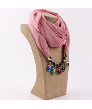 Glistening Resin Gems Pendant Design High Fashion Chiffon Scarf Necklace - Pink