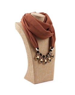 Glistening Resin Gems Pendant Design High Fashion Chiffon Scarf Necklace - Brown