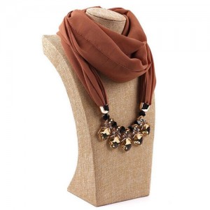 Glistening Resin Gems Pendant Design High Fashion Chiffon Scarf Necklace - Brown