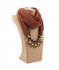 Glistening Resin Gems Pendant Design High Fashion Chiffon Scarf Necklace - Brown