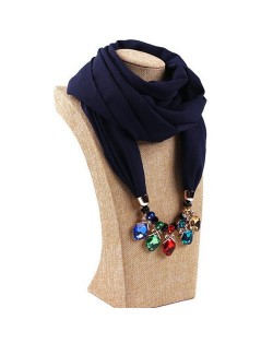 Glistening Resin Gems Pendant Design High Fashion Chiffon Scarf Necklace - Ink Blue