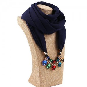 Glistening Resin Gems Pendant Design High Fashion Chiffon Scarf Necklace - Ink Blue
