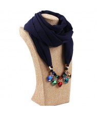 Glistening Resin Gems Pendant Design High Fashion Chiffon Scarf Necklace - Ink Blue