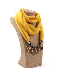 Glistening Resin Gems Pendant Design High Fashion Chiffon Scarf Necklace - Yellow