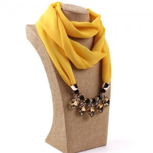 Glistening Resin Gems Pendant Design High Fashion Chiffon Scarf Necklace - Yellow