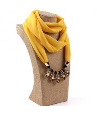 Glistening Resin Gems Pendant Design High Fashion Chiffon Scarf Necklace - Yellow