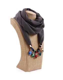 Glistening Resin Gems Pendant Design High Fashion Chiffon Scarf Necklace - Gray
