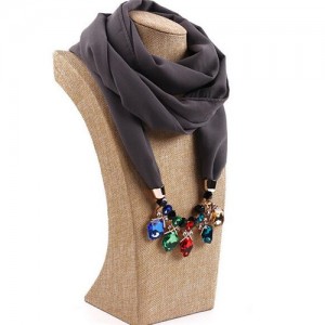 Glistening Resin Gems Pendant Design High Fashion Chiffon Scarf Necklace - Gray