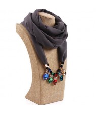 Glistening Resin Gems Pendant Design High Fashion Chiffon Scarf Necklace - Gray