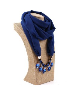 Glistening Resin Gems Pendant Design High Fashion Chiffon Scarf Necklace - Royal Blue