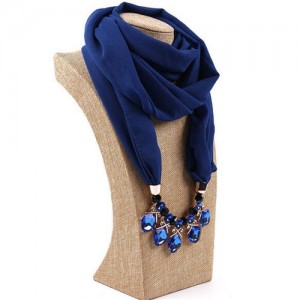 Glistening Resin Gems Pendant Design High Fashion Chiffon Scarf Necklace - Royal Blue