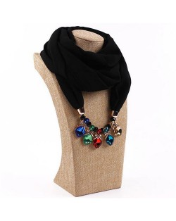 Glistening Resin Gems Pendant Design High Fashion Chiffon Scarf Necklace - Black