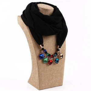Glistening Resin Gems Pendant Design High Fashion Chiffon Scarf Necklace - Black