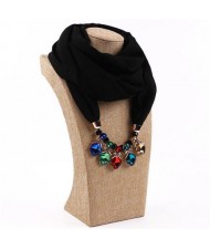 Glistening Resin Gems Pendant Design High Fashion Chiffon Scarf Necklace - Black