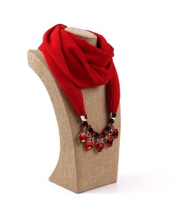 Glistening Resin Gems Pendant Design High Fashion Chiffon Scarf Necklace - Red
