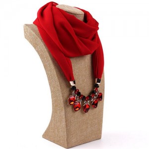 Glistening Resin Gems Pendant Design High Fashion Chiffon Scarf Necklace - Red