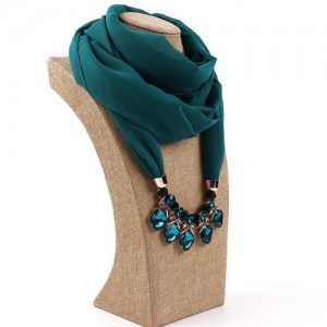 Glistening Resin Gems Pendant Design High Fashion Chiffon Scarf Necklace - Teal