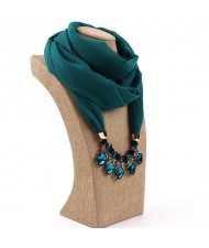 Glistening Resin Gems Pendant Design High Fashion Chiffon Scarf Necklace - Teal